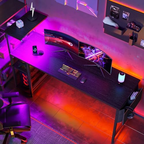 Bestier 61 Inch Gaming Desk with LED Lights, Reversible Shelves, Height Adjustable Shelf, Steel Frame, CARB P2 Class Board, Black 3D Carbon Fiber - Image 2