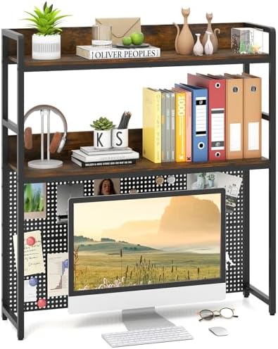 Giantex Desktop Bookshelf, 2-Tier Desk Hutch Dorm with Pegboard for up to 32" Computer Monitor, Industrial Countertop Storage Organizer Rack, Desk Shelf for Home Office, Rustic Brown by Giantex