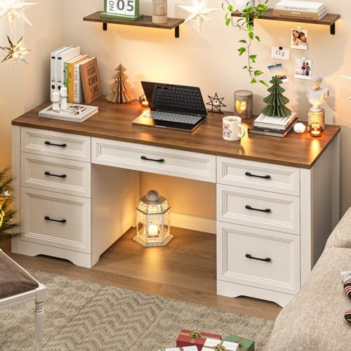 Vabches Farmhouse Executive Desk, Wood Home Office Desk with 2 Large File Drawers and 5 Storage Cabinets, Rustic Writing Desk for Work and Study, Brown - Image 4