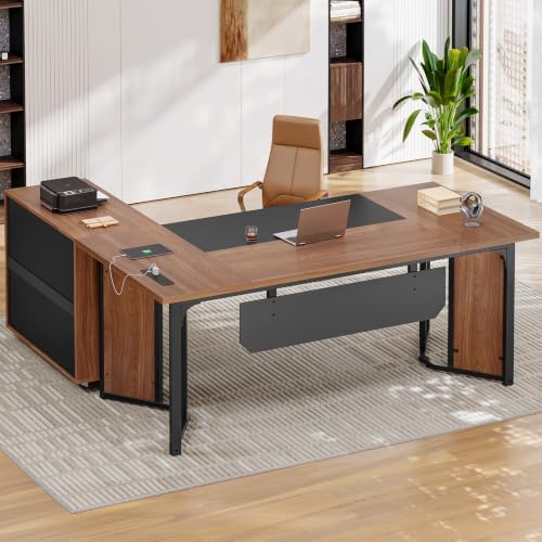UPOSOJA 63" Executive Desk with Mobile File Cabinet, Large Office Desk with Drawer, Modern L Shaped Desk with Power Outlets, Storage Shelves, Corner Computer Desk Business Workstation Set (Walnut) by UPOSOJAWishesYouaNiceDay