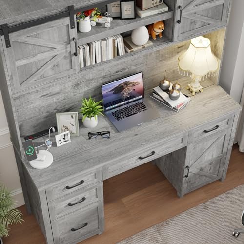 Vabches Farmhouse 67" H Executive Desk with Hutch & 5 Drawers,Grey - Image 3