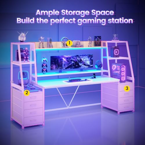 SEDETA Gaming Desk with LED Lights, 8 Drawers and Storage Shelves, White - Image 3