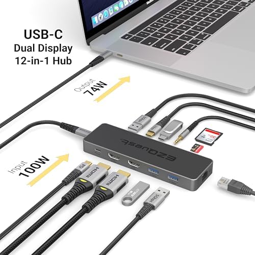 USB-C Hub 12-in-1: Dual 4K 60Hz HDMI, 100W PD, Gigabit Ethernet, 5X USB Ports (2X USB-C, 3X USB-A 5Gbps), SD/MicroSD, Audio Jack - Docking Station for Windows, MacBook Pro/Air, Chromebook - Image 6
