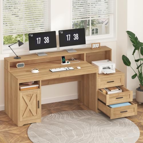 65" Farmhouse Computer Desk with Drawers and Printer Stand for Home Office - Image 3