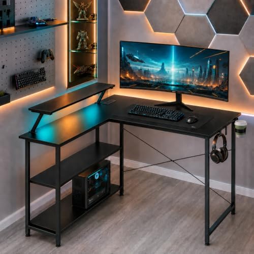 GTPLAYER 42inch L Shaped Gaming Desk with Power Outlets, LED Lights, Black by GTPLAYER
