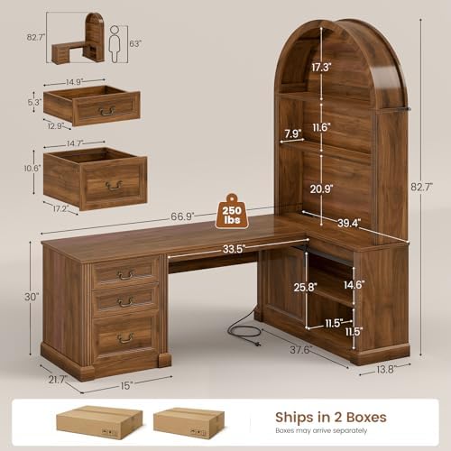 SEDETA 67" L Shaped Desk with Tall Arched Bookshelf & 3 Drawers Storage - Image 2