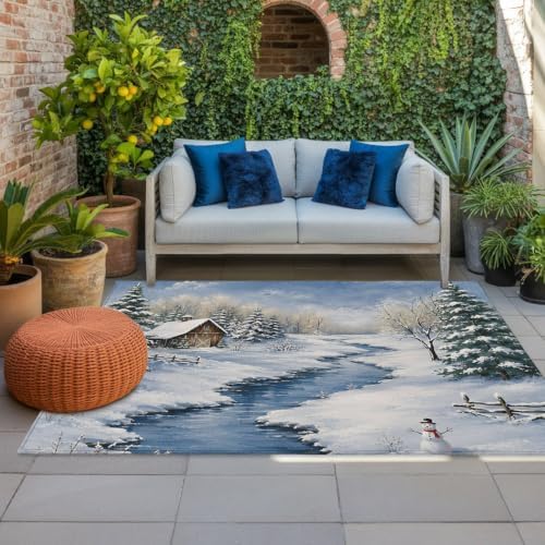 Winter Landscape 5x8 Waterproof Outdoor Rug with Non‑Slip Backing Rustic Nature Snowy Stream Wooden Cabin Machine Washable Deck Patio Rug Mat for Camping, RV, Garden, Balcony Pool by Unknown