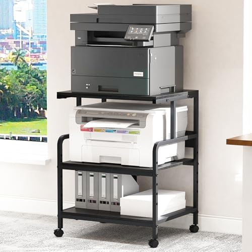 Arbuxzuy Large Printer Stand with Storage Shelf, 23.6" W x 18.9" D Printer Cart with Wheels, 3 Tier Mobile Printer Table for Home Office,Stands for Heat Press Scanner Fax (Black) by Arbuxzuy