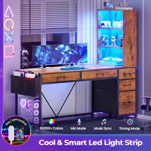 SEDETA Computer Desk with 5 Drawers and Bookshelf, Reversible Home Office Desk with Storage Shelves and File Drawer, Gaming Corner Desk with LED Lights for Small Spaces, Rustic Brown - Image 6
