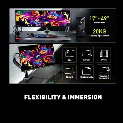 MSI MAG MT201 - Premium Heavy Duty Single Monitor Stand Arm, Supports 17-49" Screens and 44 lbs, VESA Compatible, Adjustable Spring Assisted Mount, Clamp & Grommet, Quick Release Plate - Black - Image 3