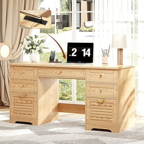 Ieejdn 59" Home Office Desks, Executive Desk, Farmhouse Computer Desk with 7 Drawers and Charging Station, File Drawer, Rustic Computer Writing Desk,Antique Wood - Image 7