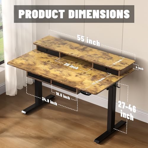 55 * 30 Inches Electric Standing Widened Desk Adjustable Height with 4 Drawers, Double Storage Shelves Stand Up Desk, Home Office Workstation Sit Stand up Desk (Rustic Brown) - Image 3