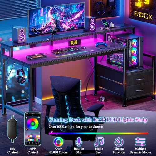 Furologee 55" Gaming Desk with LED Lights & USB-C Port, Carbon Fiber Black - Image 3
