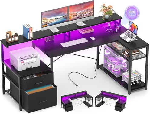 Aheaplus L Shaped Desk with File Drawer, Reversible L Shaped Gaming Desk by Aheaplus