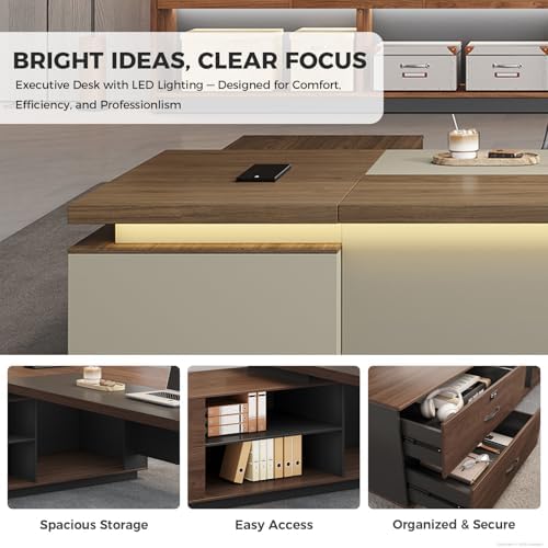 Compact Reversible L Shaped Executive Desk for Manager, Home Office Desk with Power Outlet & USB Ports, LED Ambient Lighting, Storage Cabinet (Black Walnut+Khaki, 95" L*71" W*30" H) - Image 6