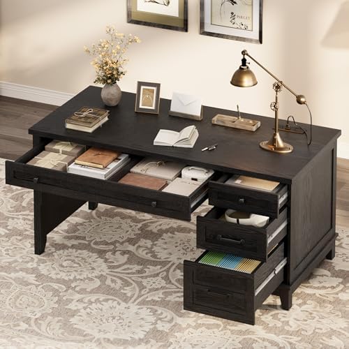 53.5" Farmhouse Home Office Desk with File Cabinet, Wooden Executive Desk with Power Outlet, Work Desk with Drawers, Traditional Wood Desk for Home and Office, Black - Image 4