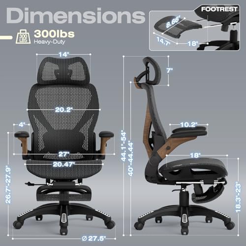 ELABEST X100 Ergonomic Mesh Office Chair with Footrest, Big and Tall Home Desk Chair with 5D Flip-Up Arms, Adjustable 3D Lumbar Support, Gaming & Executive Computer Chair (Library Oak) - Image 2