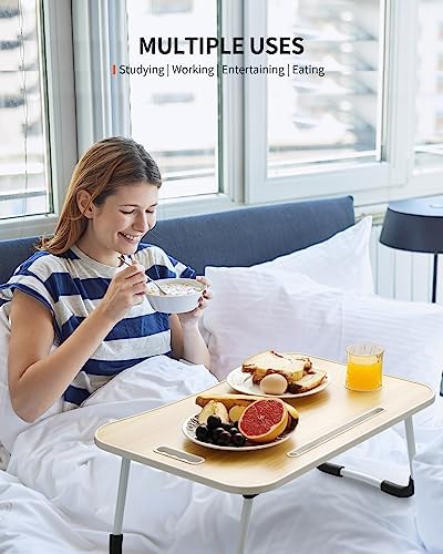 FISYOD Foldable Laptop Table, Portable Lap Desk Bed Table Tray, Laptop Stand with Cup Holder & Tablet Slot & Lifting Handle for Working Writing Drawing & Eating (Wood) - Image 2