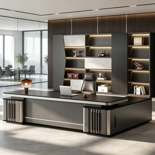 Modern L Shaped Executive Desk with Drawers & Storage, Executive Office Desk Computer Table with Aluminum Alloy Inlaid Curved Surface, Management Workstation for Home or Office(D-Left, L2.2M/86IN) by Unknown
