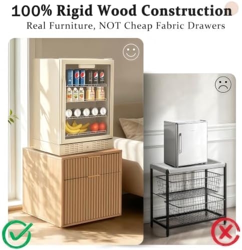 Mini Fridge Stand with Storage, Fluted Mini Fridge Cabinet with 2 Drawers, Wood Refrigerator Table Stand for College Dorm Room, Home Office & Bedroom, Light Oak, 22.4" W - Image 3