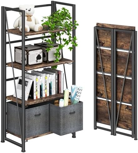 4NM No Assembly Folding Bookshelf Storage Shelves 4 Tier Vintage Bookcase Standing Racks for Bedroom Living Room Home Office by 4NM