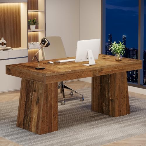 Tribesigns 55 Inches Executive Desk, Mid-Century Modern Home Office Desk, Wood Computer Table Business Workstation Small Conference Table, Distressed Brown - Image 5