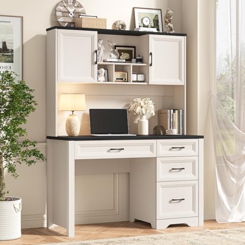 Vabches Farmhouse Executive Desk with 4 Drawers and Storage Cabinet, Rustic Large Home Writing Desk with Hutch, Workstation for Bedroom, Black. by Vabches