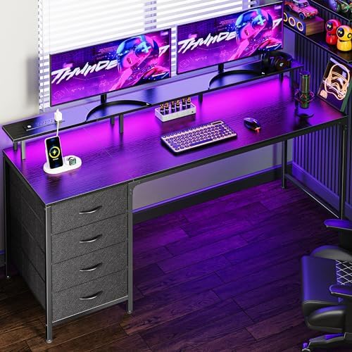 Huuger 63 Inch Computer Desk with Power Outlets and LED Lights, Gaming Desk with 4 Drawers, Office Desk with Monitor Stand, Study Desk Work Desk for Home Office, Black by Huuger