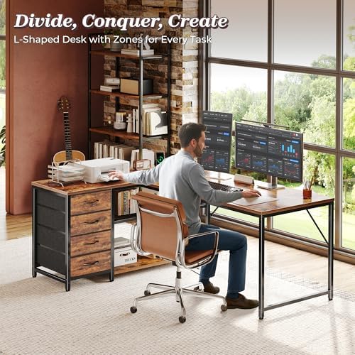 PRAISUN 53" L Shaped Desk with Power Outlets & 4 Drawers - Image 3
