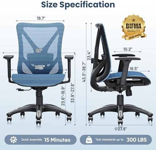 Ergonomic Office Chair, Mesh Computer Desk Chairs with BIFMA X5.1 Certified, Adjustable Lumbar Support, 3D Arm, Tilt Back, Wide Seat, Comfy Swivel Work Task Chair for Company and Home (Azure Blue) - Image 3