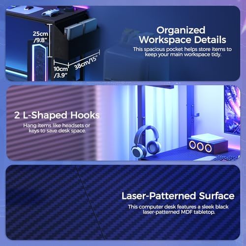 MAHANCRIS Gaming Desk, Computer Desk with Charging Station and LED Light, Small PC Desk with Side Storage Bag and Shelves, 2 Hooks, for Living Room, Home Office, Bedroom Black CDHS134E01 - Image 4