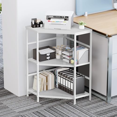 EasyCom 20"x20" Corner Printer Stand with Charging Station, Adjustable Height Storage Shelf for CPU Shredder, Triangle Corner Coffee Table for Small Space Kitchen Office Living Room-White by EasyCom