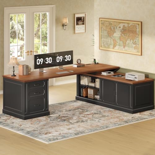 SEDETA Farmhouse L Shaped Desk with Drawers, 70.9" Home Office Desk with Storage Cabinet and Storage Shelves, L Shaped Computer Desk with Power Outlet，Black+Brown - Image 3