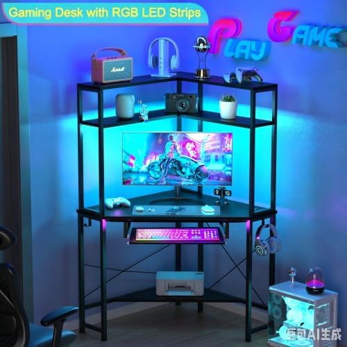 Corner Desk with Hutch and LED Light, Keyboard Tray, Black - Image 4