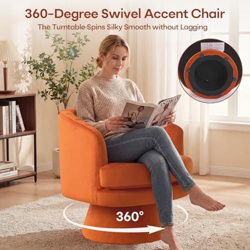 CANMOV Swivel Accent Chair with Armrest, Modern 360 Degree Swivel Barrel Chair with Curve Back and Soft Cushion, Comfy Velvet Round Armchair Single Sofa for Living Room, Bedroom, Orange - Image 3