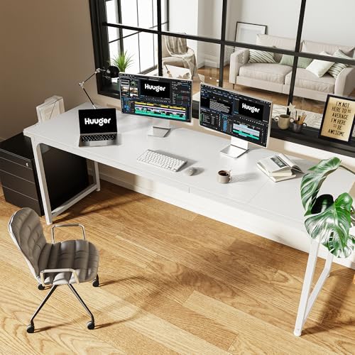 Huuger Computer Desk, 80 Inch Office Desk, Gaming Desk with Storage, Writing Desk Work Desk for Home Office, Study, Long Simple Desk, Large Legroom, Metal Frame, White - Image 6