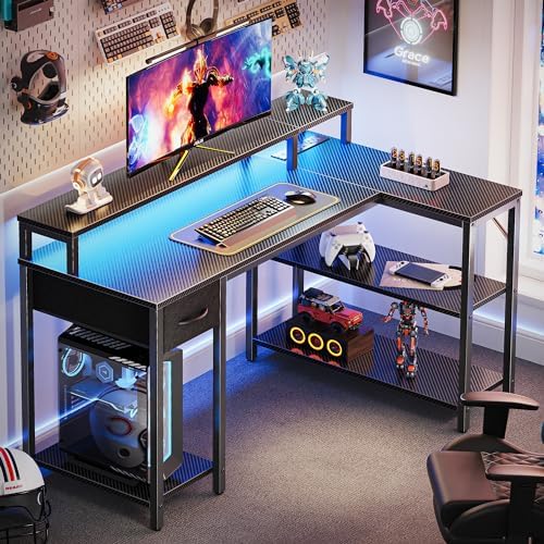 SUPERJARE 47 inch L Shaped Gaming Desk with LED Lights & Power Outlets, Reversible Computer Desk with Shelves & Monitor Stand, Corner Desk with Drawer, for Home & Office, Carbon Fiber Black - Image 2