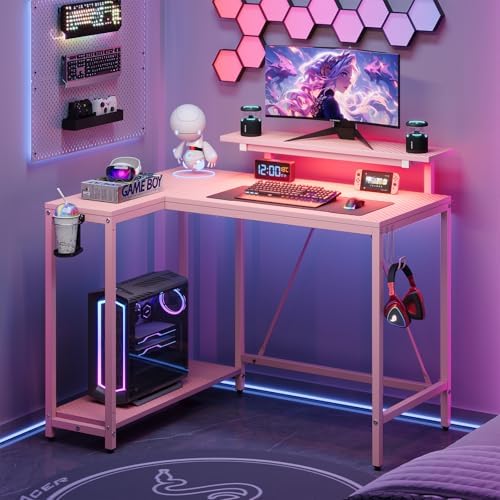 Pinmoco 42" Reversible Small L-Shaped Gaming Desk with LED Lights, Pink by PinmocoDirect