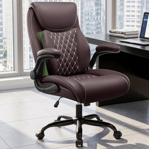 Office Chair, Ergonomic Executive Desk Chair with Lumbar Support for Lower Back Pain Relief, Padded Flip-Up Armrests, Leather Home Office Chair, Coffee by StellaMia