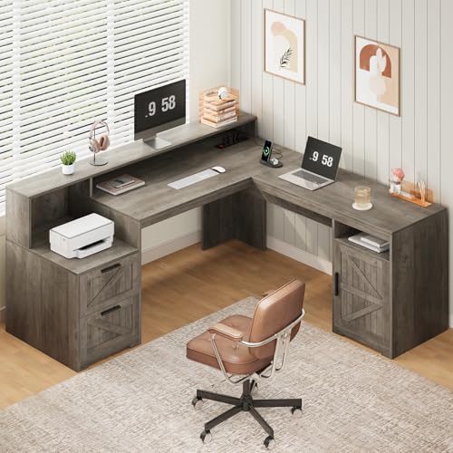 63" Farmhouse L Shaped Desk with Drawers & Printer Shelf for Home Office by YomiluveDesign