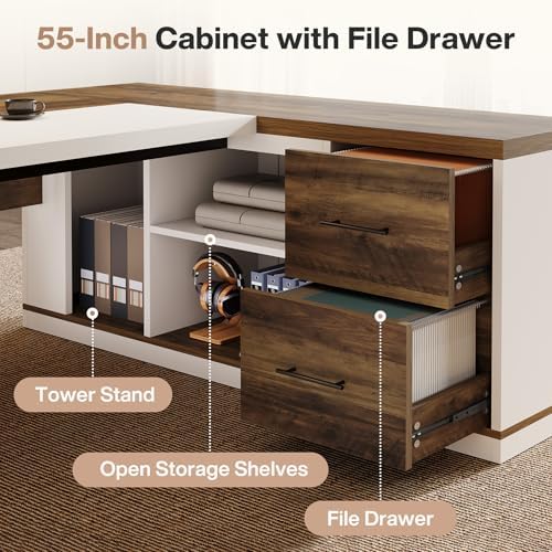 Tribesigns 78.7" L-Shaped Executive Desk, Modern Office Desk with 55.1" Storage Cabinet, Large Computer Table with Drawers, Business Furniture Workstation for Home Office, Brown & White - Image 5