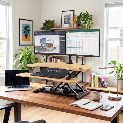VERSADESK PowerPro 36 Inch Electric Corner Standing Desk Converter, Motorized Height Adjustable Sit-Stand Desk Riser, Dual Monitor & Laptop Workstation with Keyboard Tray, Maple - Image 2