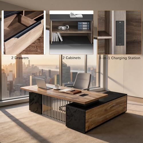 Executive Desk with Privacy Panel, Large Office Desk for Small Business, Computer Desk with Drawers & Storage Cabinets, Thick One-Piece Tabletop (Left Return, 70.86") - Image 5