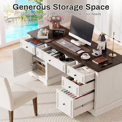 Vipbear 60" Farmhouse Executive Desk with Drawers and Cabinet, Embossed Texture Wood Home Office Desk, Rustic Computer Writing Desk, Workspace for Work Study Writing - Image 3
