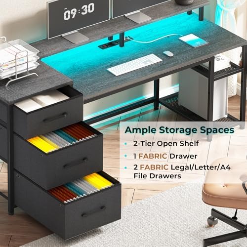 SEDETA 59" Office Desk with File Drawers, Reversible Computer Gaming Desk with Storage, LED Lights & Power Outlet, Home Office Desks for Printer, Grey - Image 4