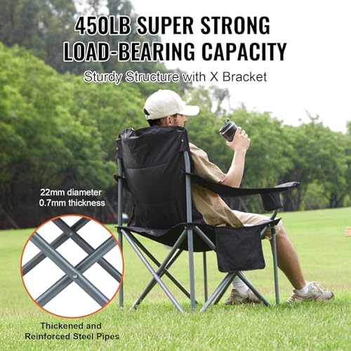 VEVOR Oversized Camping Folding Chair, Portable Heavy Duty Outdoor Quad Lumbar Back Padded with Side Pockets, Cup Holder and Cooler Bag for Beach, Lawn, Picnic, Fishing, Backpacking, Black - Image 4