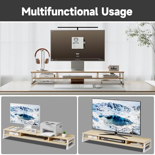 Dual Monitor Stand Riser for Desk, 41.7 Inch Large 2 Tier Computer Monitor Stand for 2 Monitors, Desktop Storage Organizer Shelf with Keyboard Space for Laptop PC Printer, Beige - Image 5