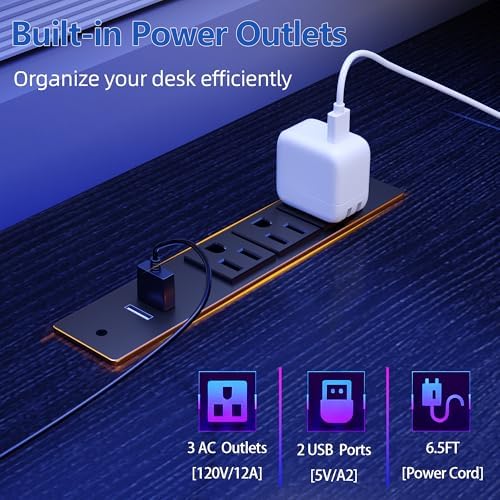 Furologee 61" Gaming Desk with Outlets & LED, Large Computer Desk, Black - Image 5