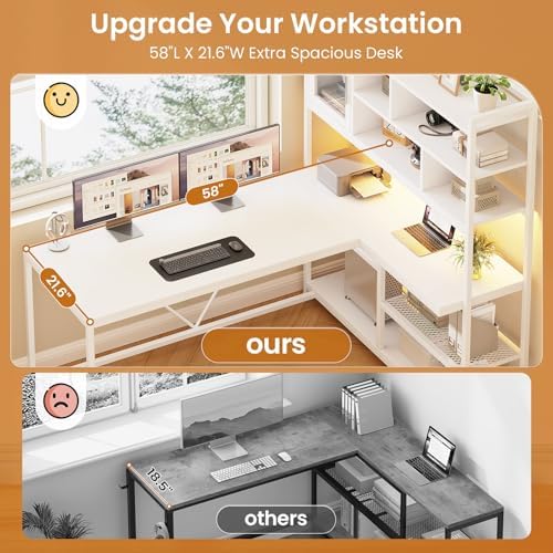SEDETA L Shaped Computer Desk with Storage Shelves and Bookshelf, White - Image 5