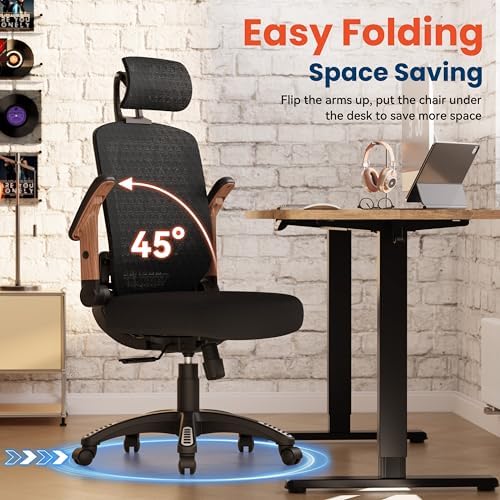 GABRYLLY Ergonomic Office Chair, High Back Home Desk Chair with Flip-Up Arms, 3D Headrest, 90-120° Tilt and Wide Cushion Seat, Big and Tall Computer Chairs for Man Woman, Mesh Chair Black Woodgrain - Image 4